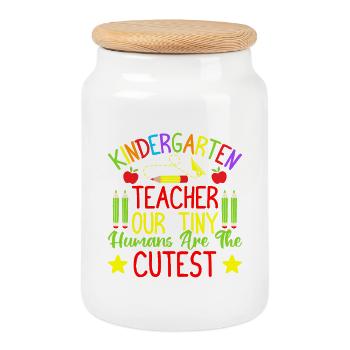 Pre K Teacher Tiny Humans Cutest Kindergarten - Cookie Jar with Wooden Lid - white - Front