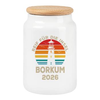 Borkum Insel Retro Sunset 2026 - Keksdose mit Holzdeckel - Weiß - Vorne
