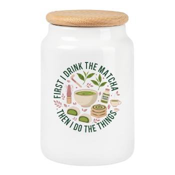 D’abord je bois le matcha, puis je fais les choses - Boîte à biscuits avec couvercle en bois - blanc - Devant