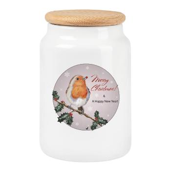 Bird on a branch illustration with inscription - Cookie Jar with Wooden Lid - white - Front