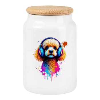 Poodle dog with headphones - Cookie Jar with Wooden Lid - white - Front