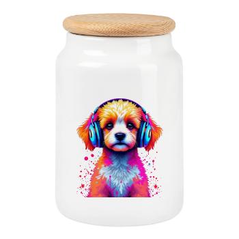 Casque Caniche - Boîte à biscuits avec couvercle en bois - blanc - Devant