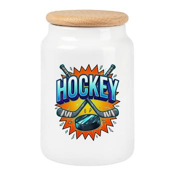 Style bande dessinée de hockey sur glace avec un bâton et une rondelle - Boîte à biscuits avec couvercle en bois - blanc - Devant