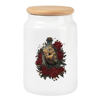Ship in Bottle - Roses and Freedom - Cookie Jar with Wooden Lid - white - Front