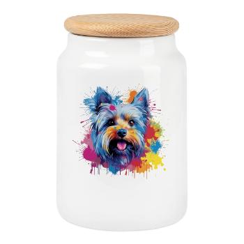 Yorkshire Terrier Hund Bunte Spritzkunst - Keksdose mit Holzdeckel - Weiß - Vorne