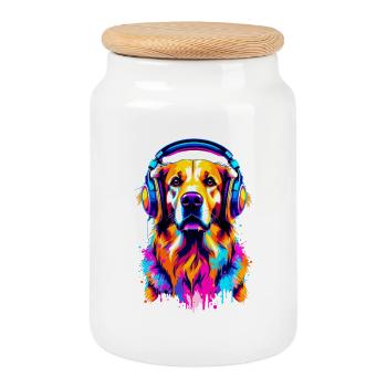 Golden Retriever avec des écouteurs - Boîte à biscuits avec couvercle en bois - blanc - Devant