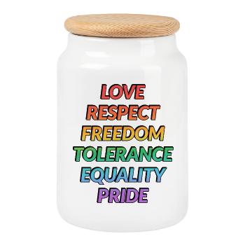 Gay-Pride-Werte in Regenbogenfarben - Keksdose mit Holzdeckel - Weiß - Vorne