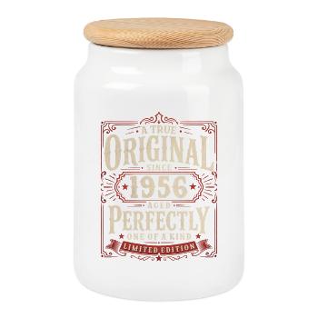 70th Birthday Gift Original Vintage 1956 - Cookie Jar with Wooden Lid - white - Front
