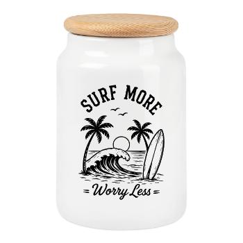 Surfez plus, inquiétez-vous, moins de vagues de vacances d’été - Boîte à biscuits avec couvercle en bois - blanc - Devant