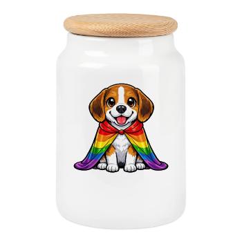 Beagle Pride Dog Manteau arc-en-ciel LGBTQ - Boîte à biscuits avec couvercle en bois - blanc - Devant