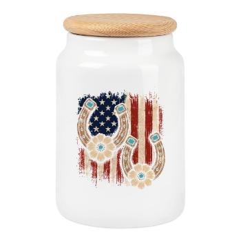 Patriotic Horseshoe Blossoms - Cookie Jar with Wooden Lid - white - Front