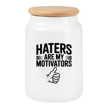 Hater sind meine Motivatoren - Keksdose mit Holzdeckel - Weiß - Vorne