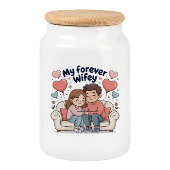Forever Wifey Cozy Couple on Sofa - Cookie Jar with Wooden Lid - white - Front