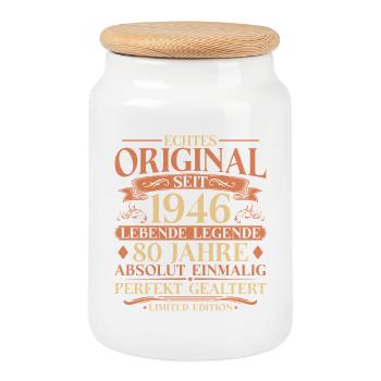 80. Geburtstag Echtes Original 1946 Vintage - Keksdose mit Holzdeckel - Weiß - Vorne