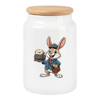 Hase als Postbote mit Briefstapel - Keksdose mit Holzdeckel - Weiß - Vorne
