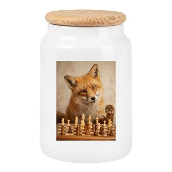 Fox playing chess - Cookie Jar with Wooden Lid - white - Front