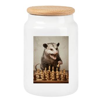 Opossum plays chess - Cookie Jar with Wooden Lid - white - Front