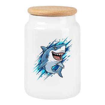 Requin de dessin animé bleu avec des éclaboussures - Boîte à biscuits avec couvercle en bois - blanc - Devant