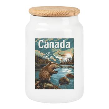 Merveilles naturelles du Canada Paysage au bord du lac avec des castors - Boîte à biscuits avec couvercle en bois - blanc - Devant
