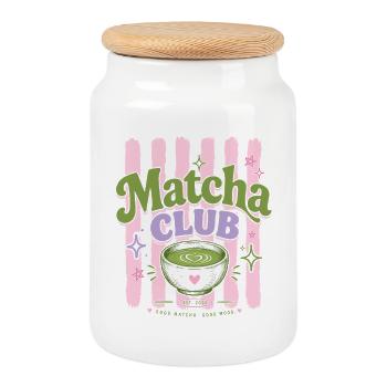 Matcha Club - Thé vert rétro esthétique - Boîte à biscuits avec couvercle en bois - blanc - Devant
