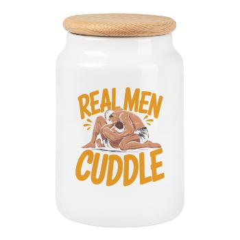 Real Men Cuddle Brazilian Jiu Jitsu MMA Judo BJJ - Cookie Jar with Wooden Lid - white - Front