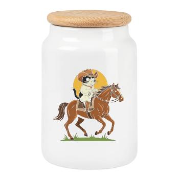 Katzen-Cowboy auf Pferd - Keksdose mit Holzdeckel - Weiß - Vorne