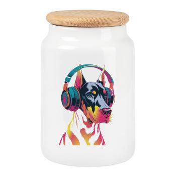Doberman avec casque - Boîte à biscuits avec couvercle en bois - blanc - Devant