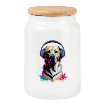 Labrador mit Kopfhörern - Keksdose mit Holzdeckel - Weiß - Vorne