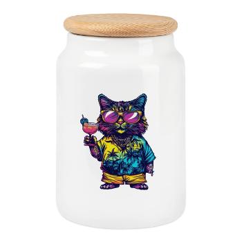 Cat Comic Summer - Cookie Jar with Wooden Lid - white - Front