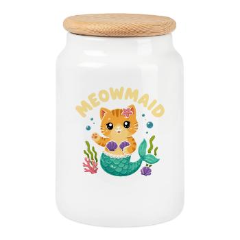 Jeu de mots Chat sirène-chat mignon - Boîte à biscuits avec couvercle en bois - blanc - Devant
