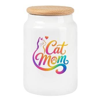 Cat Mom, Katzenmama, Buntes Katzenmotiv - Keksdose mit Holzdeckel - Weiß - Vorne