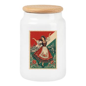 Timbre-poste vintage de danse folklorique hongroise - Boîte à biscuits avec couvercle en bois - blanc - Devant