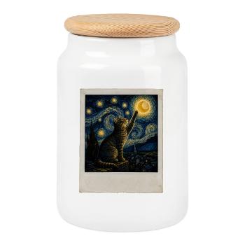 Star cat in night style - Cookie Jar with Wooden Lid - white - Front