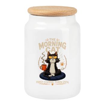 Morgenkatze: Kaffee Zen - Keksdose mit Holzdeckel - Weiß - Vorne