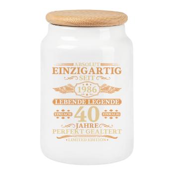 Einzigartig seit 1986 Jahrgang - 40. Geburtstag - Keksdose mit Holzdeckel - Weiß - Vorne
