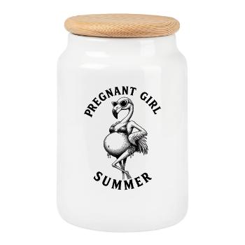 Fille enceinte, été, plage, flamant rose - Boîte à biscuits avec couvercle en bois - blanc - Devant