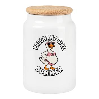 Fille enceinte, plage d’été, oie, drôle, S - Boîte à biscuits avec couvercle en bois - blanc - Devant