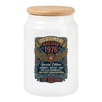 Oldtimer Baujahr 1976 50. Geburtstag Vintage - Keksdose mit Holzdeckel - Weiß - Vorne