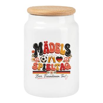 Mädels Spieltag – Bier & Fußball - Keksdose mit Holzdeckel - Weiß - Vorne