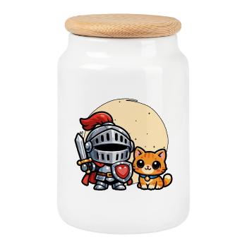 Niedliche Katze und Ritter Ren Faire Mittelalter - Keksdose mit Holzdeckel - Weiß - Vorne