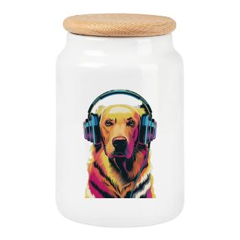 Golden Retriever avec des écouteurs - Boîte à biscuits avec couvercle en bois - blanc - Devant