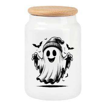 Ghost with knitted hat - Cookie Jar with Wooden Lid - white - Front