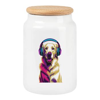 Golden Retriever avec des écouteurs - Boîte à biscuits avec couvercle en bois - blanc - Devant