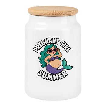 Fille enceinte, été, plage, sirène, - Boîte à biscuits avec couvercle en bois - blanc - Devant