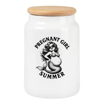 Fille enceinte, été, plage, sirène, - Boîte à biscuits avec couvercle en bois - blanc - Devant