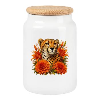 Cheetah in autumn blossom frame - Cookie Jar with Wooden Lid - white - Front