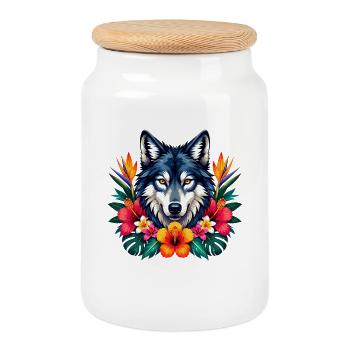 Wolf's Head with Tropical Flowers - Cookie Jar with Wooden Lid - white - Front