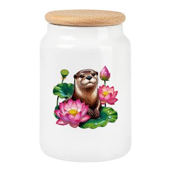 Water Otter in the Lotus Sea - Cookie Jar with Wooden Lid - white - Front