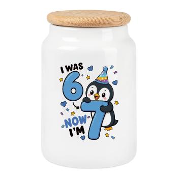 J’avais 6 ans, maintenant j’en ai 7, Pingouin 7. - Boîte à biscuits avec couvercle en bois - blanc - Devant