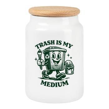 Garbage is my medium | Upcycling Art - Cookie Jar with Wooden Lid - white - Front